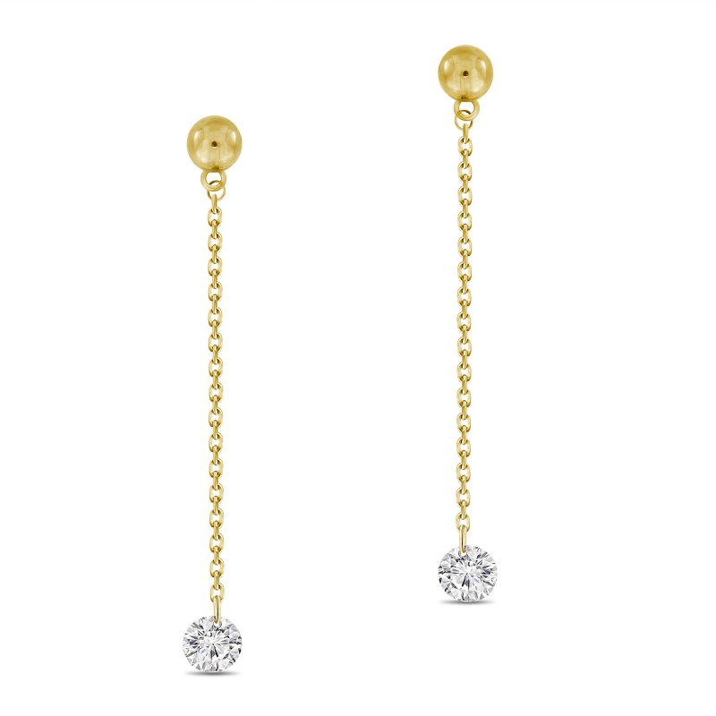 drilled diamond, laser diamond, dangling diamond, drilled diamond earrings, diamond chain earrings, diamond drop earrings, trendy earrings, trendy diamond earrings, yellow gold earrings, rose gold earrings