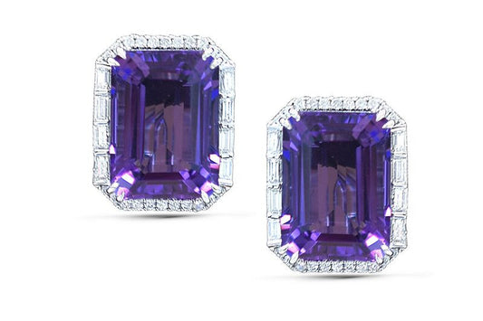 amethyst, amethyst studs, amethyst earrings, amethyst and diamonds, emerald cut amethyst, amethyst statement earrings