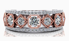 rose gold band, diamond shapes, rose and white gold, diamond wedding band, two tone band, princess cut diamond 