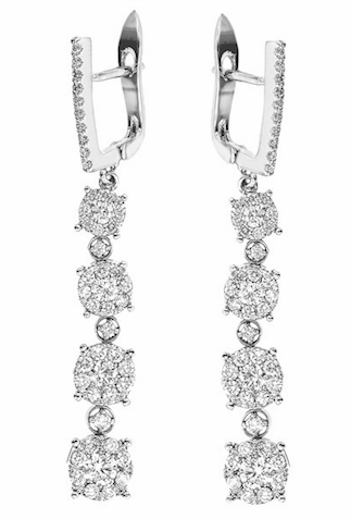 diamond dangle earrings, diamond clusters, dangling diamonds, statement earrings, dressy earrings, white gold diamond earrings
